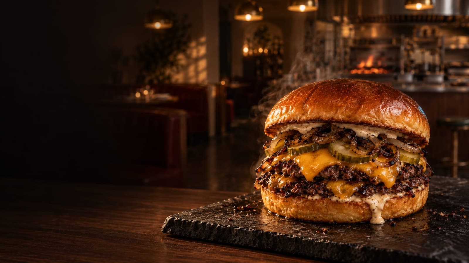 The Dayra No. 1 double smash burger on charcoal slate