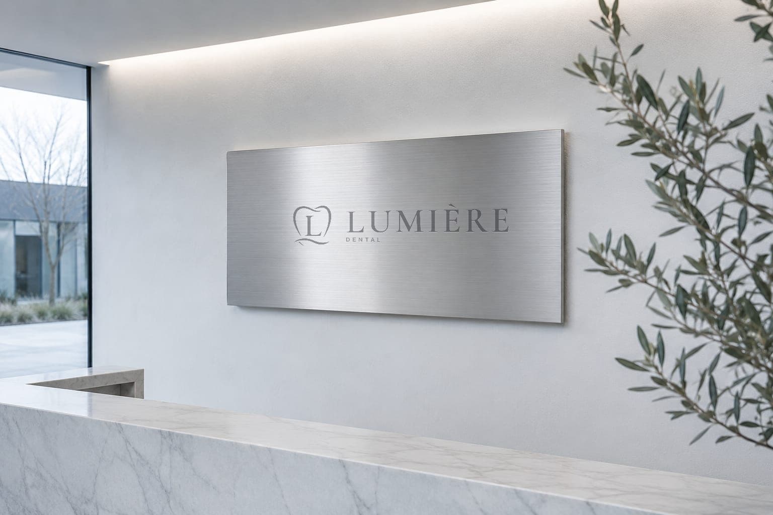 The Lumière Dental wordmark etched into a brushed-steel plate above the reception desk