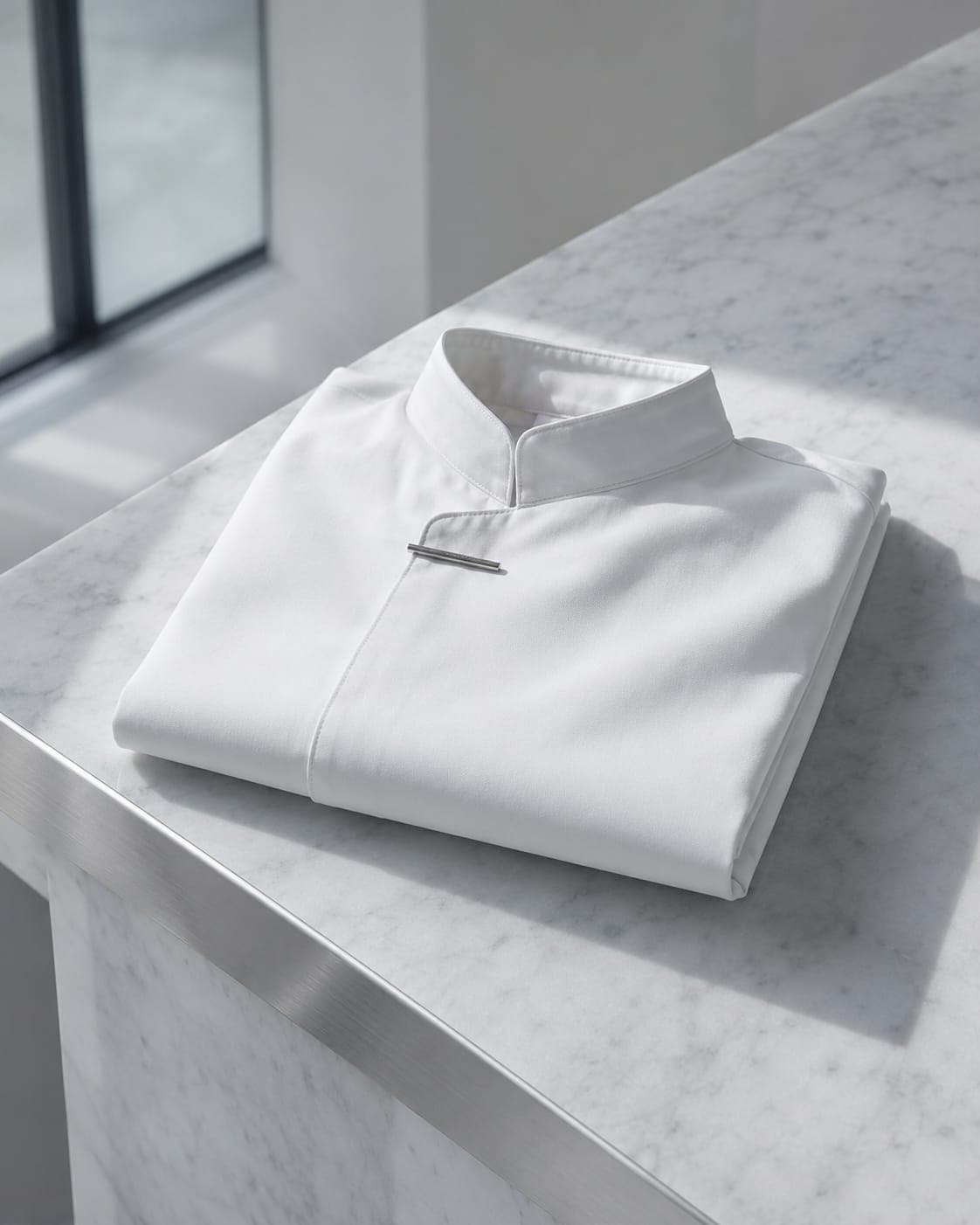 A folded clinic tunic in cream cotton, the Lumière monogram at the collar