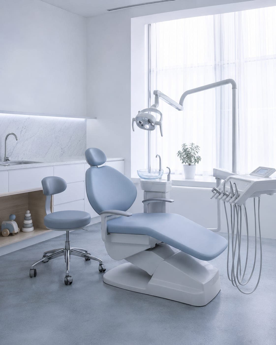 Children's dentistry — a child-height treatment room with a soft armchair