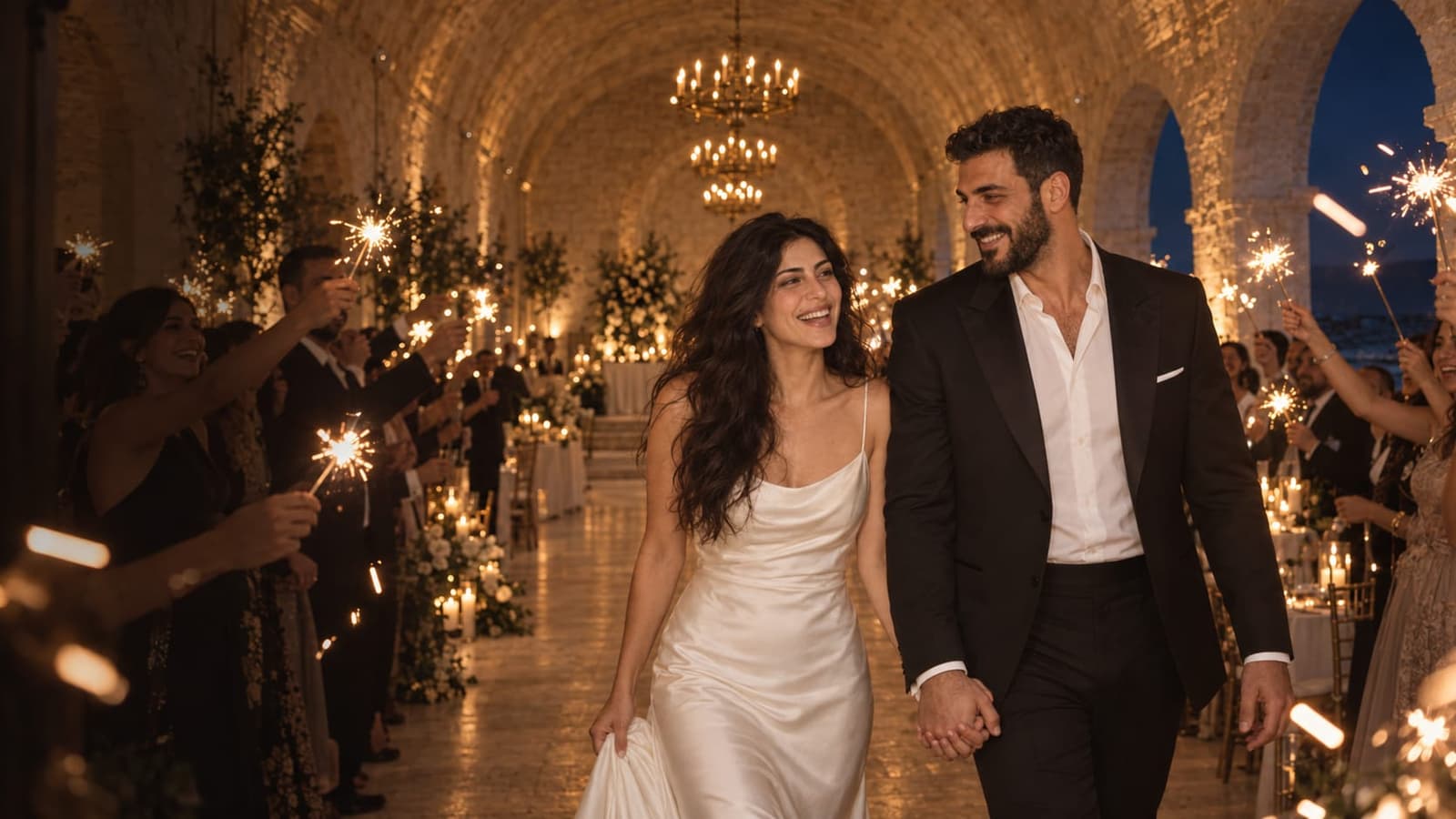 Dana and Jad walking in hand in hand through a corridor of lit sparklers