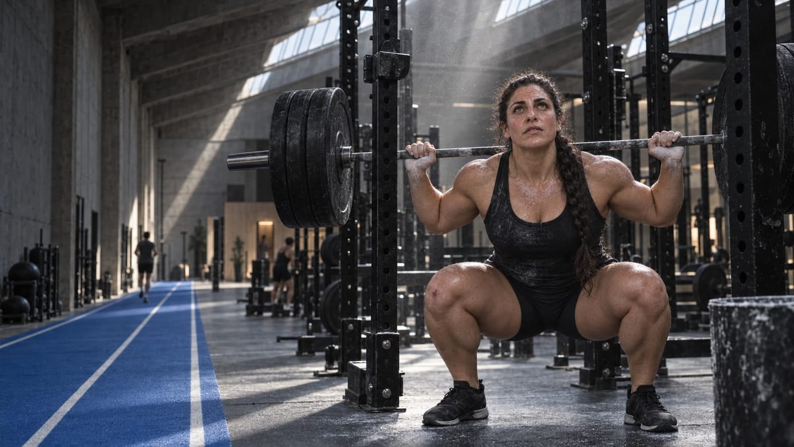 A member at the bottom of a heavy squat on the strength floor at dawn