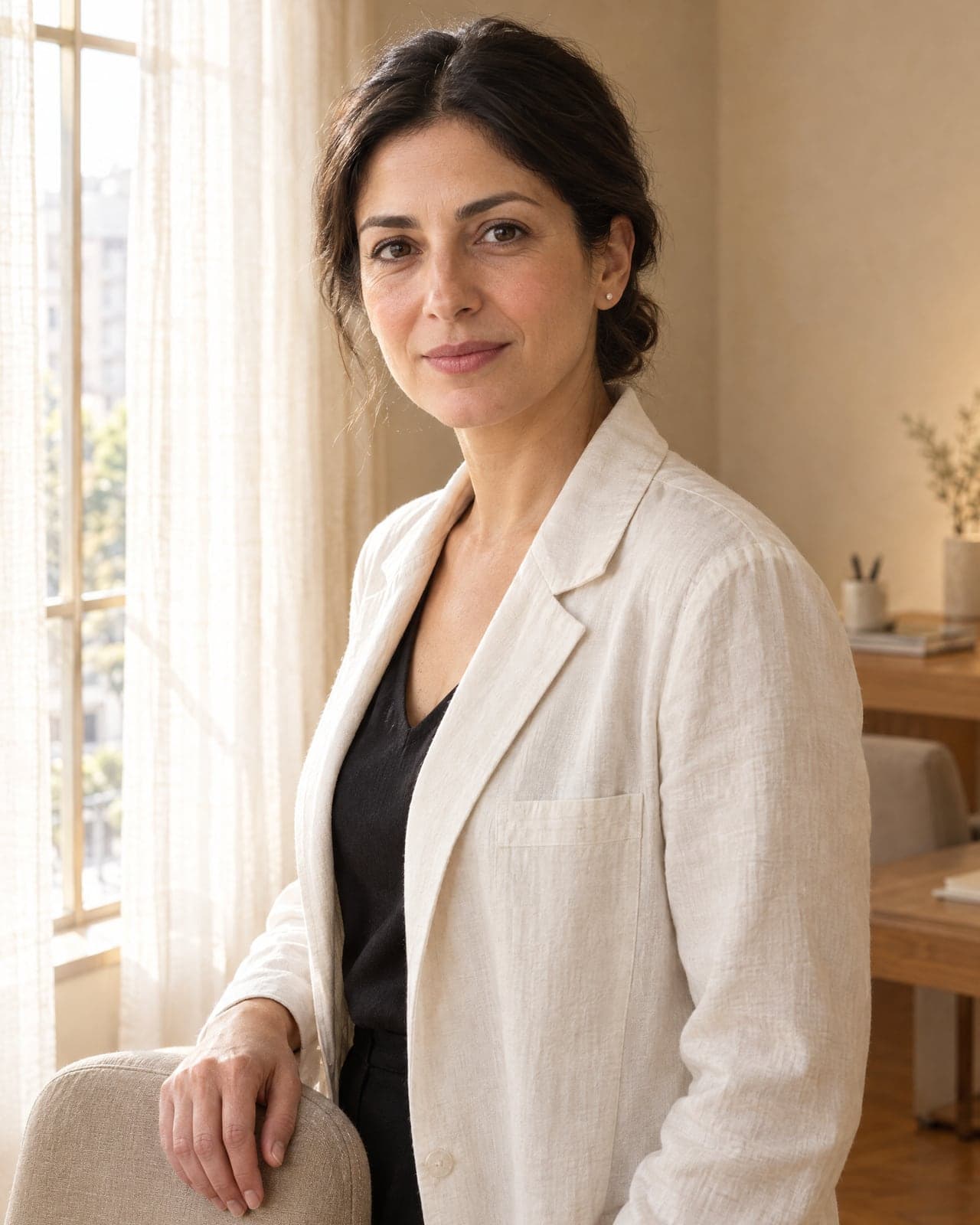 Dr. Yasmine Haddad in an ivory linen coat, beside the consulting room window.