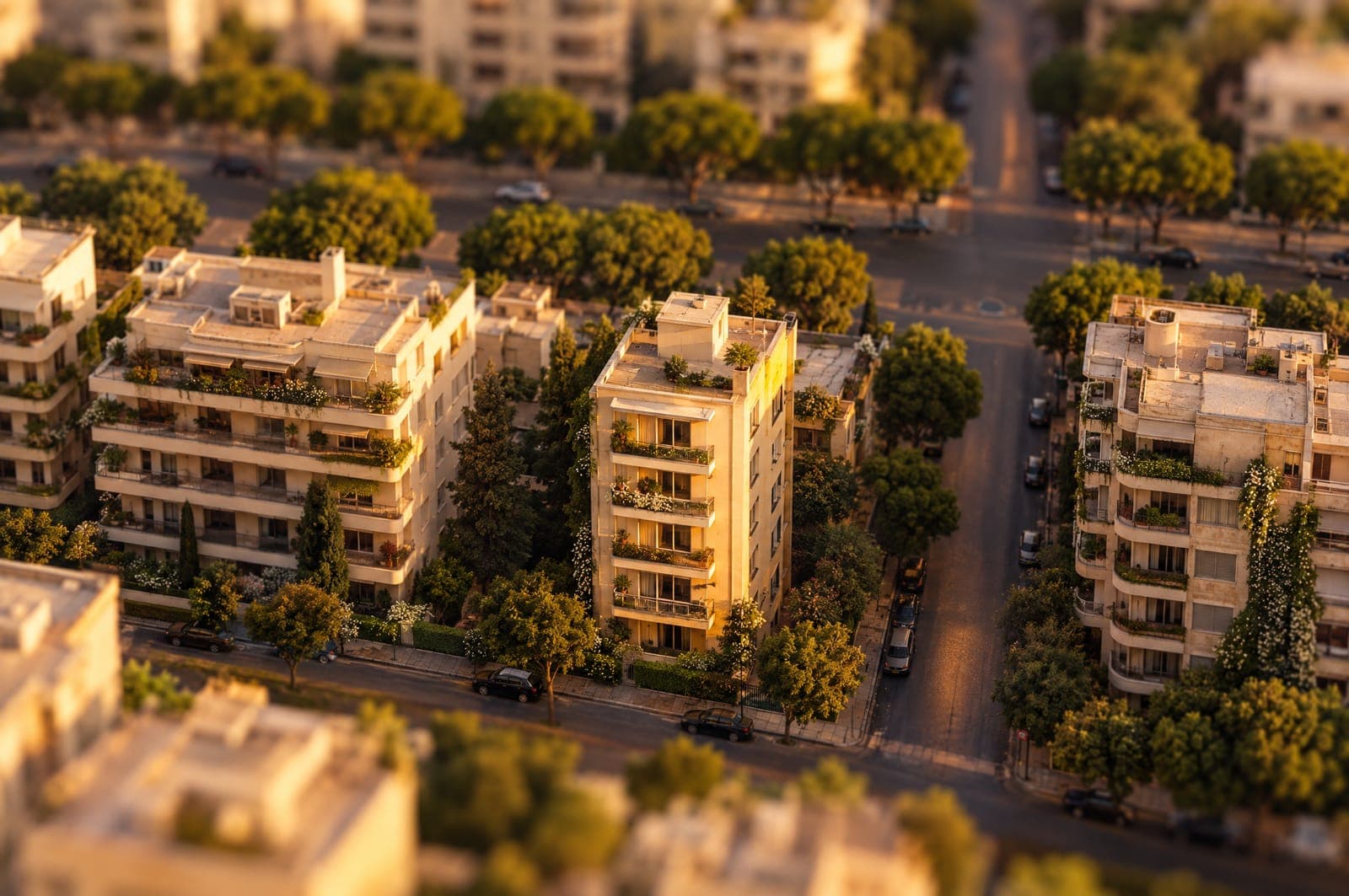 The clinic's block in Verdun, from above at golden hour. Rue Verdun across the top, Rue Madame Curie down the right, Rue Jeanne d'Arc below, and the clinic's building catching the last light, marked with a dot