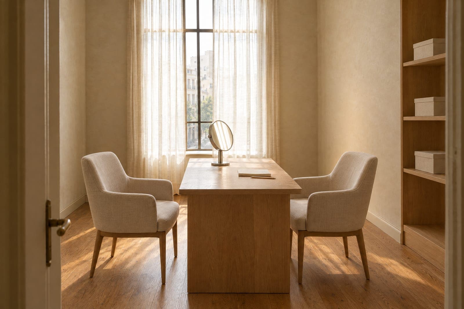 An oak desk, two chairs and a mirror on a stand.