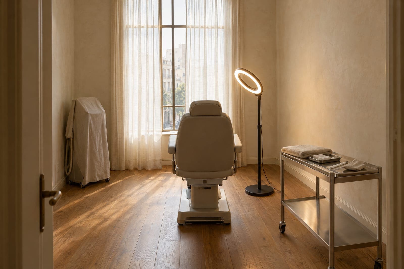 The treatment room from the door: a pale grey chair, a ring light, a steel trolley and a tall window.