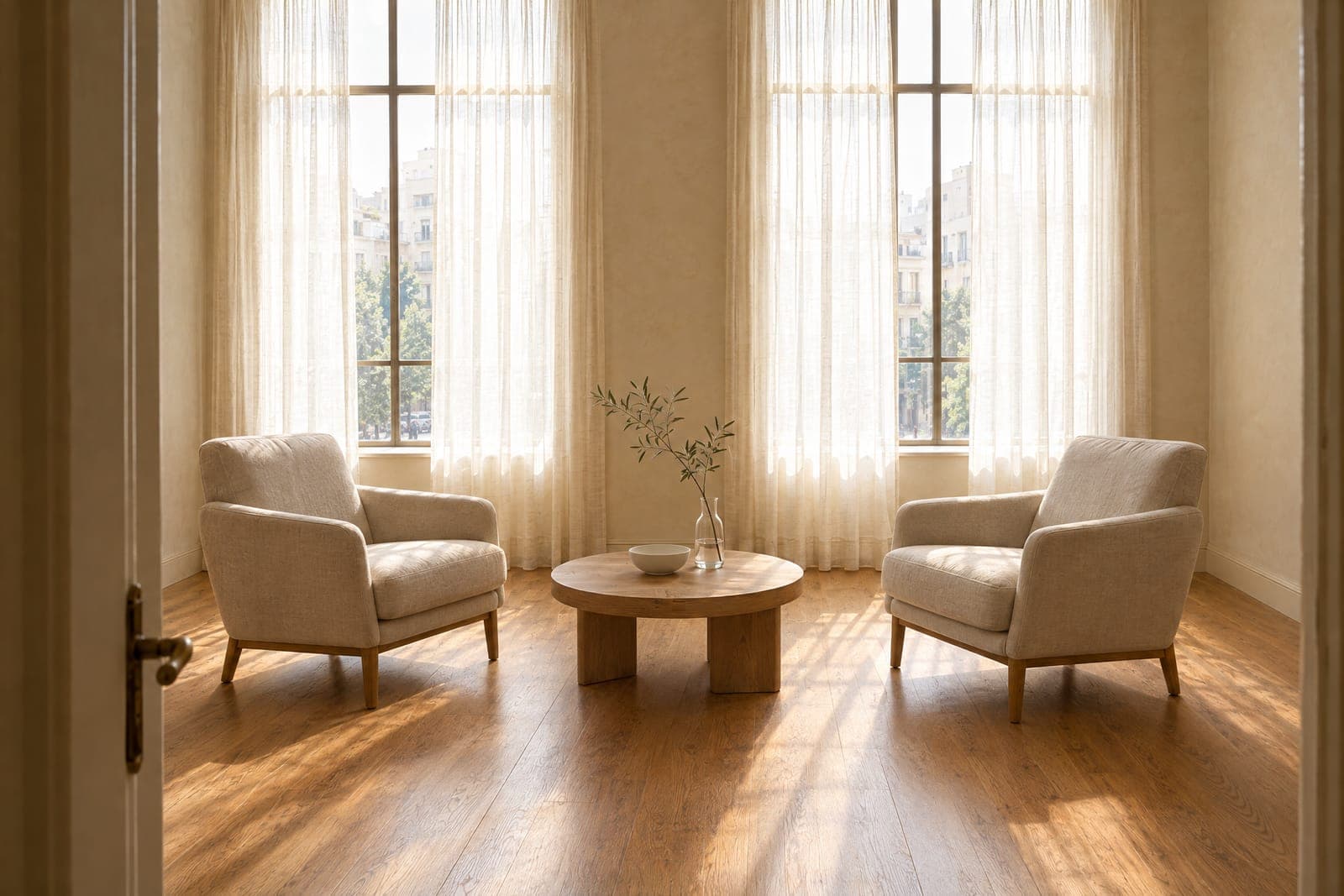 A waiting room with tall steel-framed windows, sheer linen curtains and two linen armchairs.