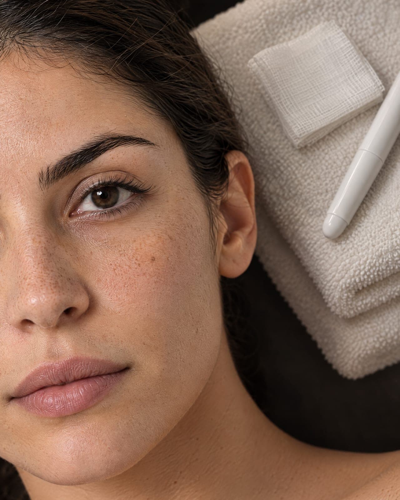 A macro of a cheek, the skin's texture in relief.