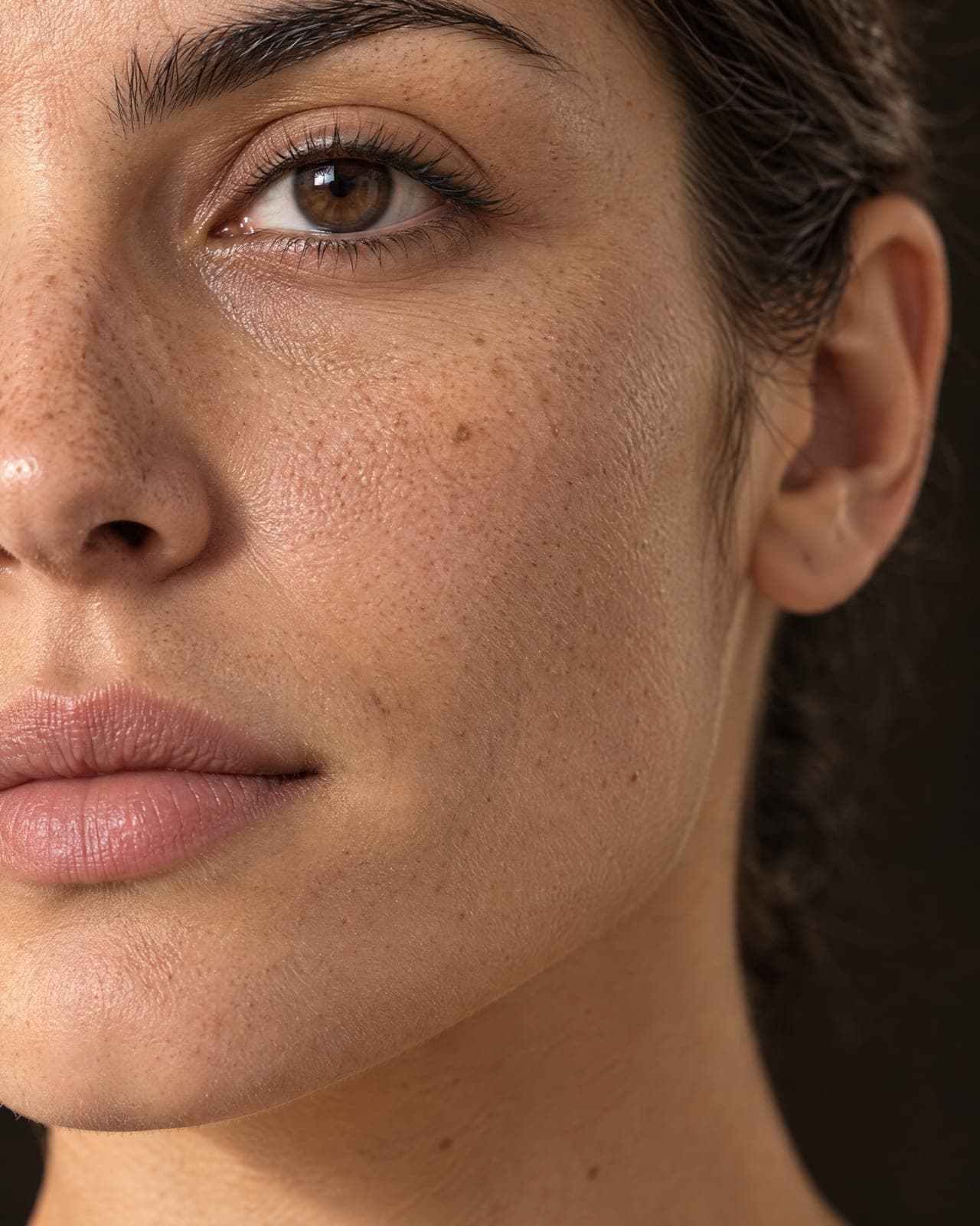 A macro of a jawline from the ear to the chin, raked by a low lamp.