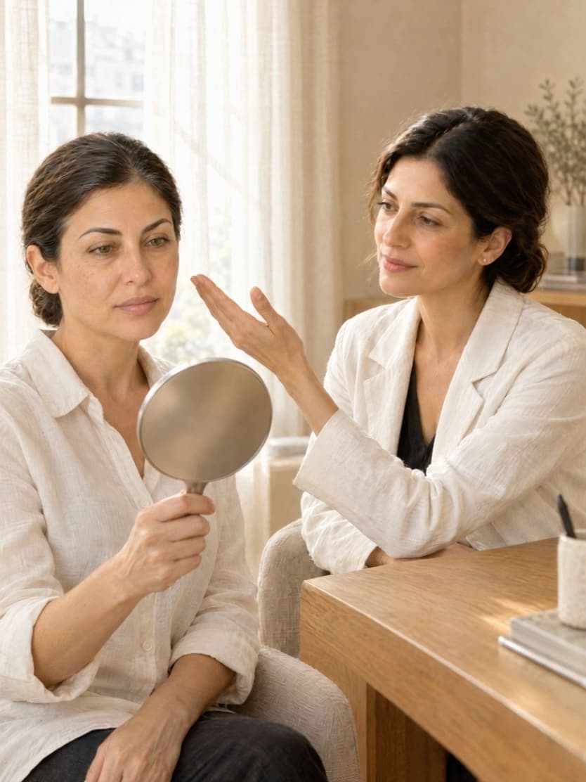 The doctor talking a patient through her cheek while the patient holds a round mirror