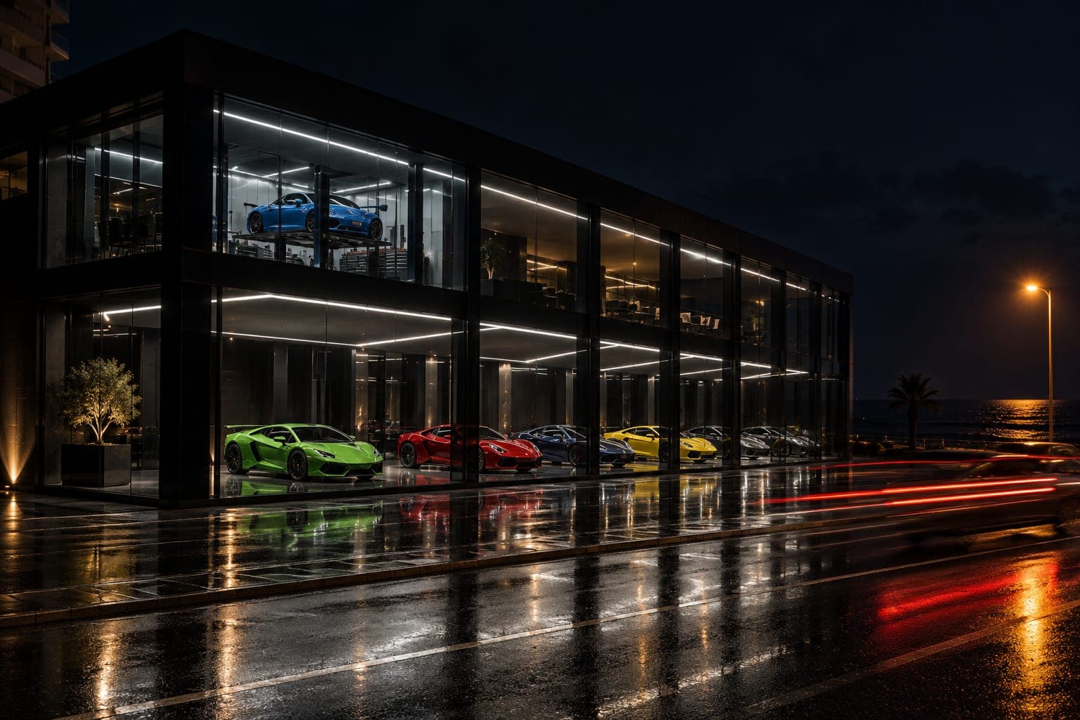A black glass box on the coastal highway at night, the lit floor showing through the glass