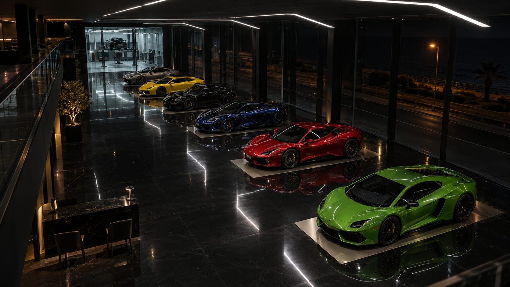 The showroom floor from the mezzanine, six supercars under one line of light