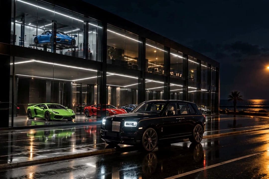 A car pulling in at the showroom door at night, the lit glass box behind it