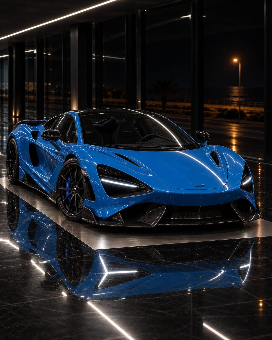 2021 McLaren 765LT, three-quarter front on the showroom floor