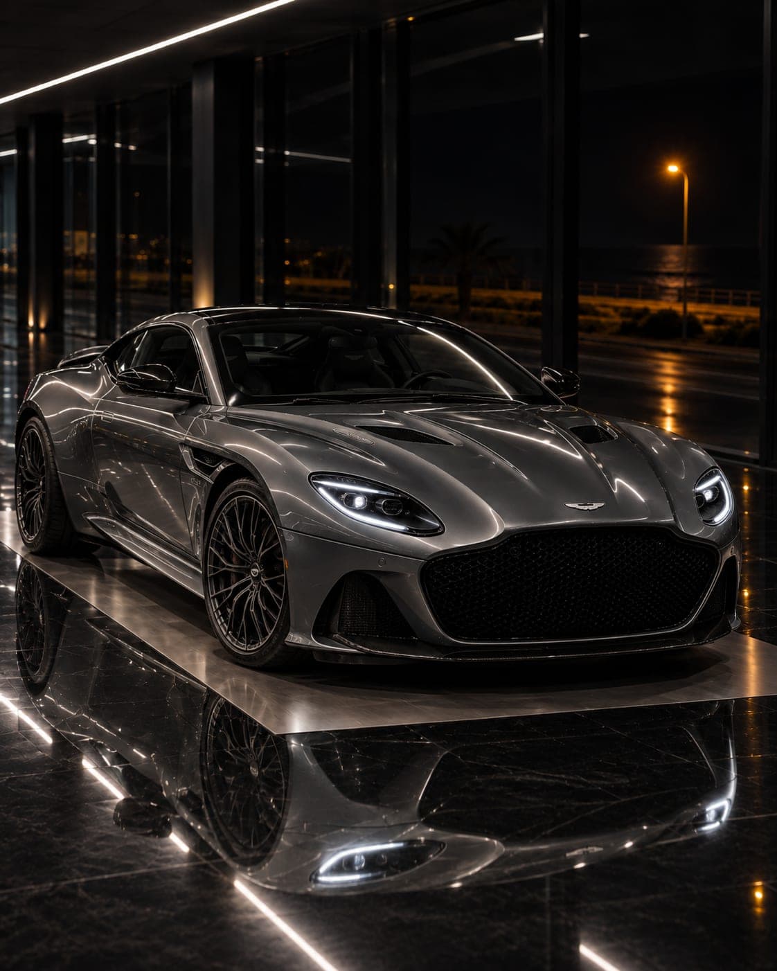 2021 Aston Martin DBS Superleggera, three-quarter front on the showroom floor