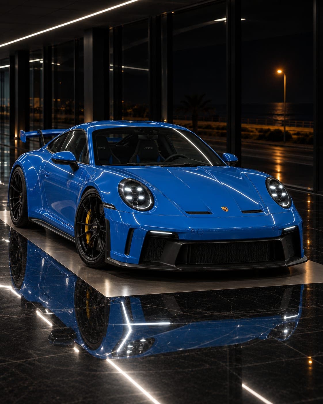 2025 Porsche 911 GT3 992.2, three-quarter front on the showroom floor