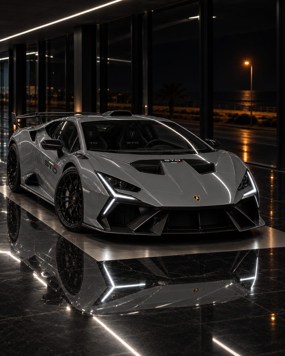 2022 Lamborghini Huracán STO, three-quarter front on the showroom floor
