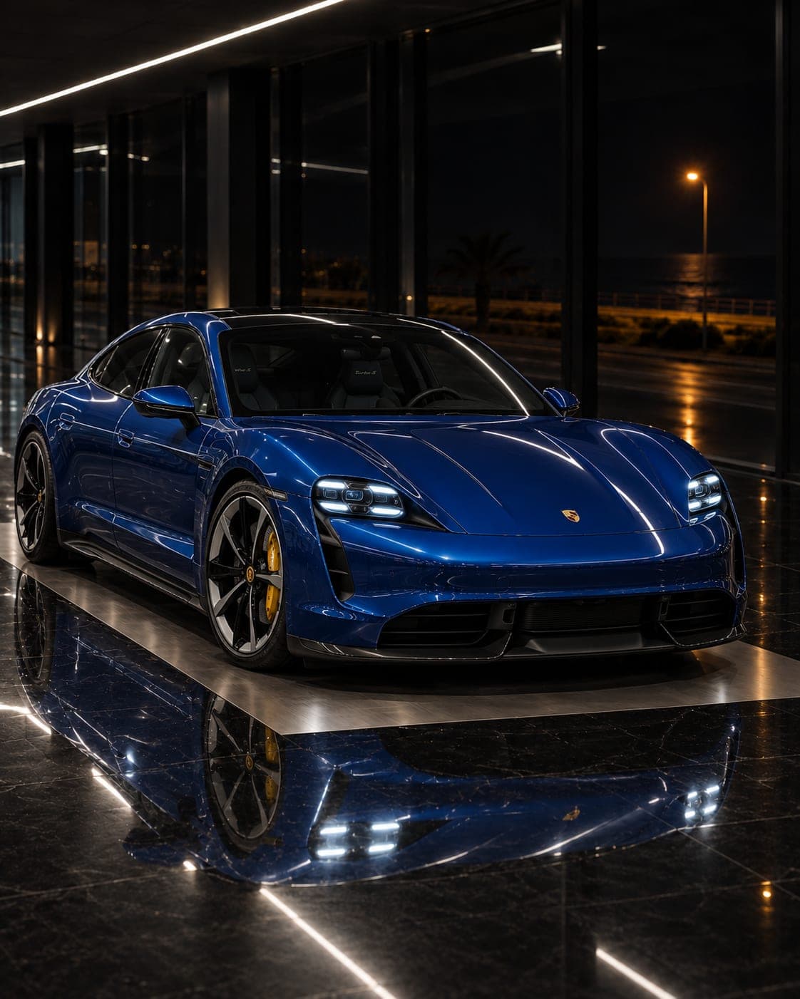 2023 Porsche Taycan Turbo S, three-quarter front on the showroom floor