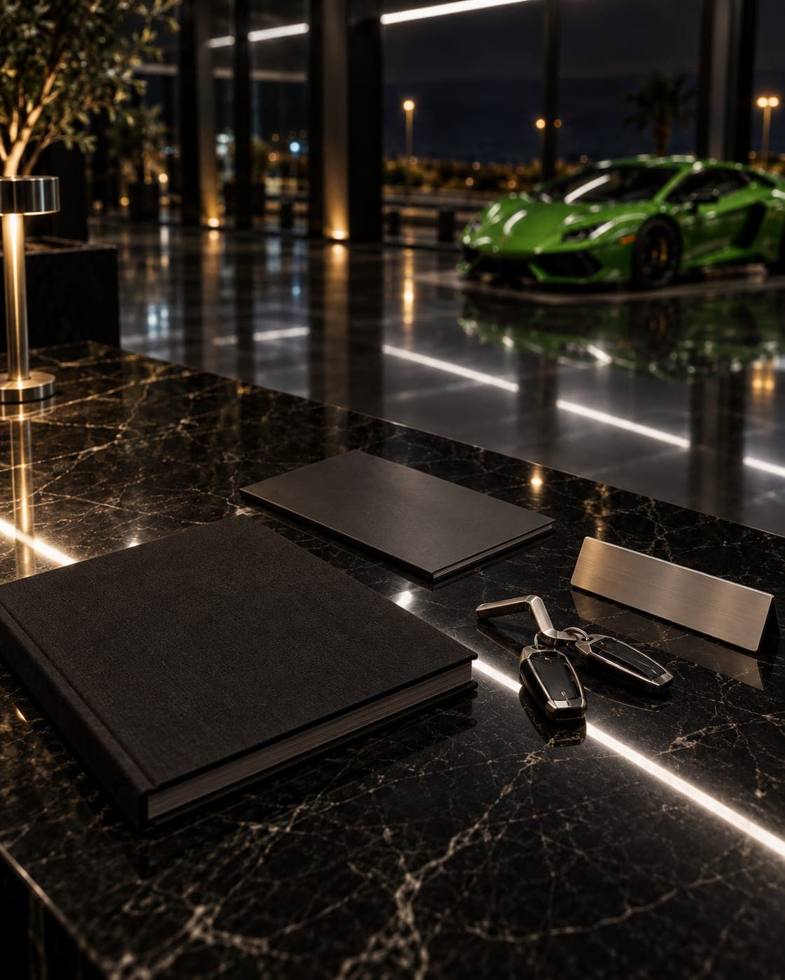 The history file, two keys on a titanium fob and the plinth plate on black stone