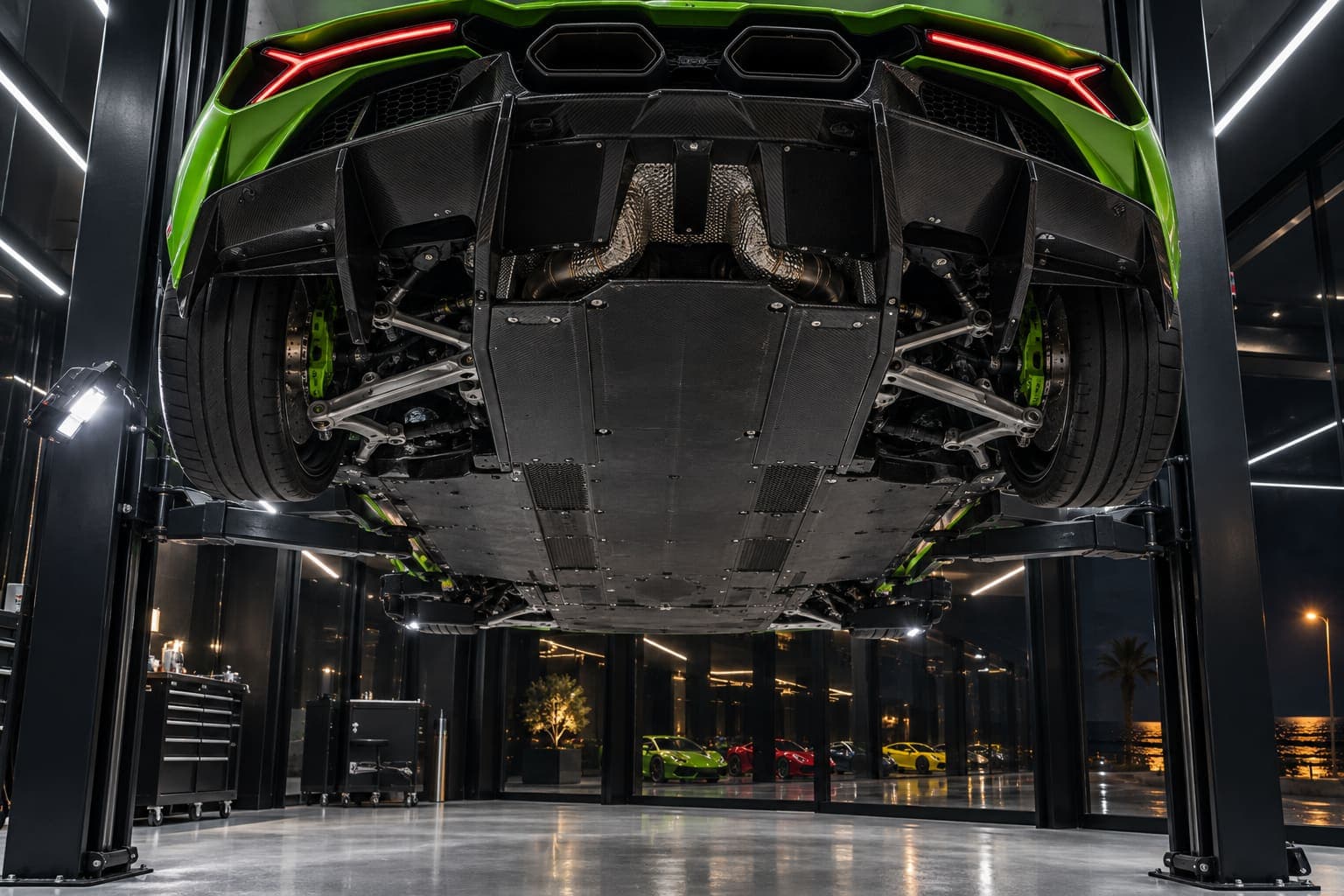 The underside of a car on the lift, lit cold white