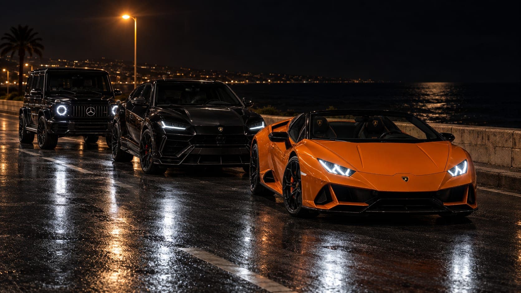 Three cars on the coastal highway at night