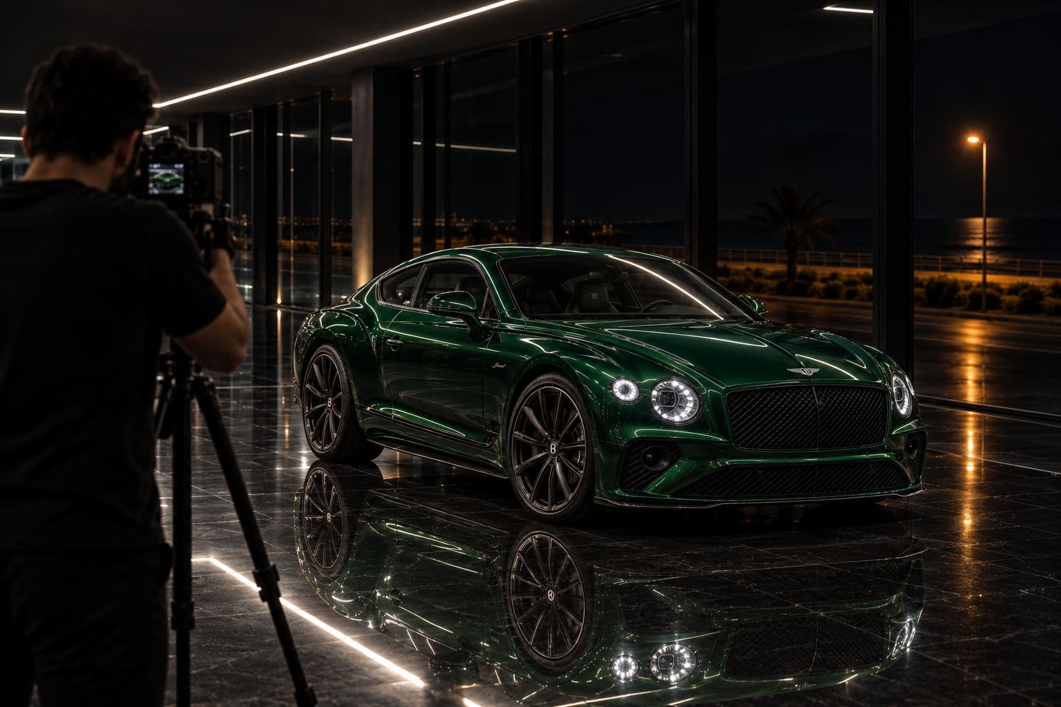 A car being photographed on the showroom floor, tripod set, no face in frame