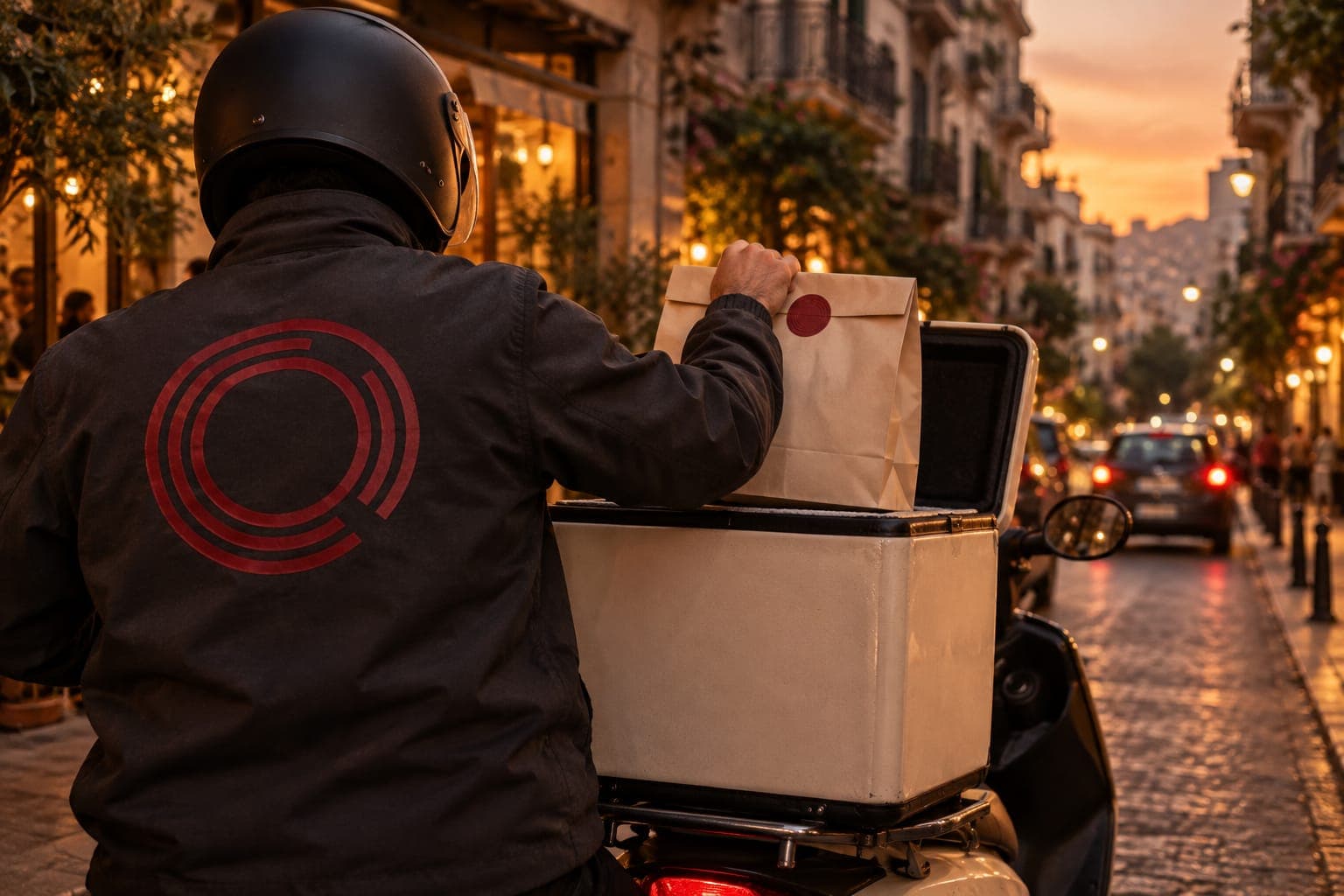 A rider's back with the tahini bag