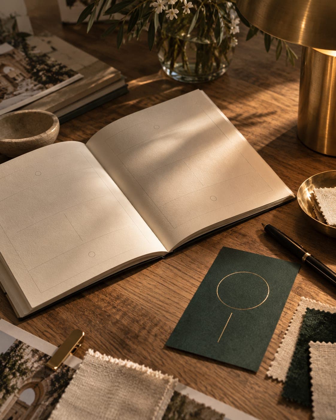 The run-sheet booklet open on the studio's oak table beside an emerald cue card in gold foil