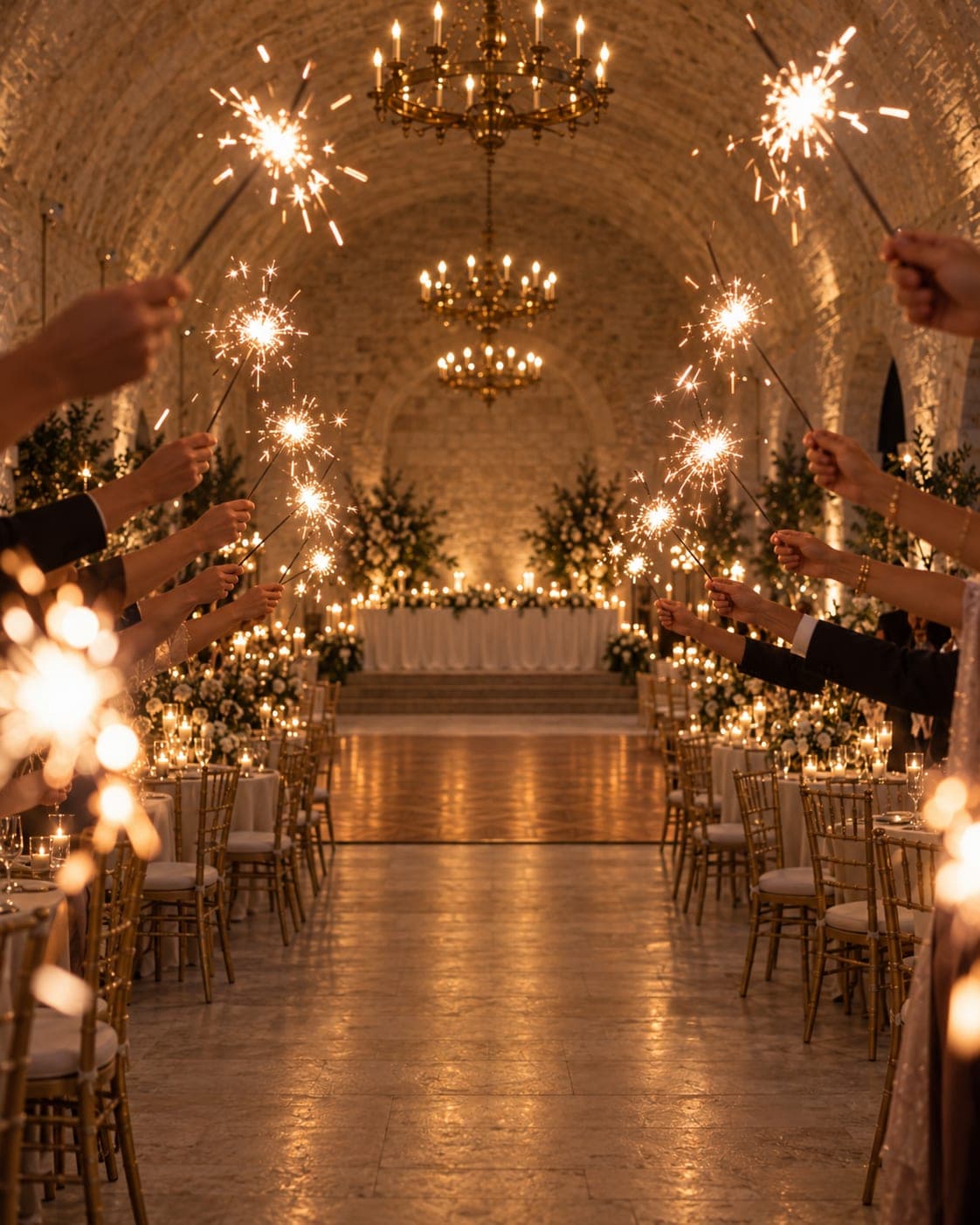 Two rows of hands holding lit sparklers over the aisle, the dance floor glowing at the far end