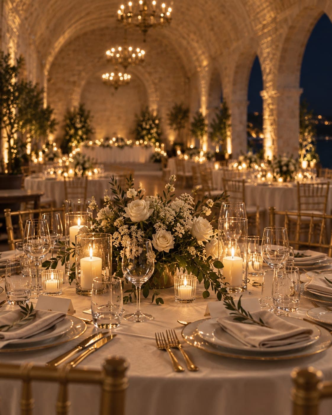 One dressed table at night: white linen, gold chairs, garden roses, candles just lit