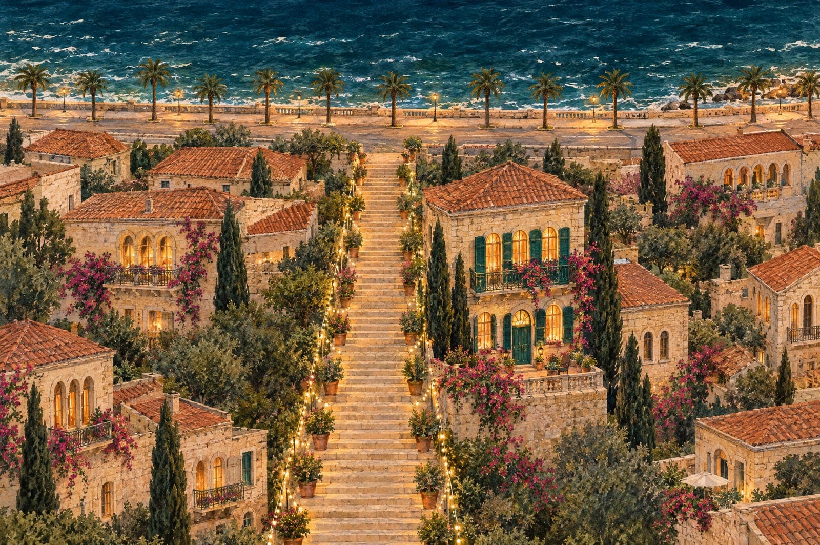 The studio in Gemmayzeh, painted: the sea and the corniche across the top, the old stone houses, the lit stairs up the middle, and the house with the emerald shutters where the studio is, first floor, above the stairs
