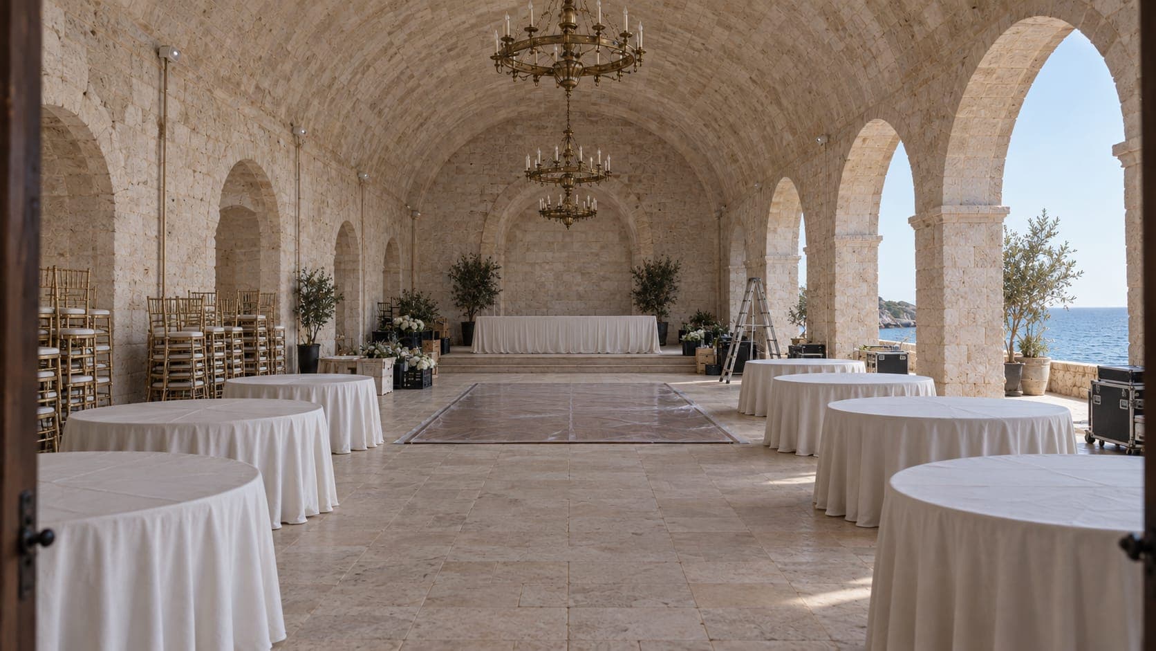 The stone hall at eight in the morning: chairs stacked, tables bare, the dance floor covered