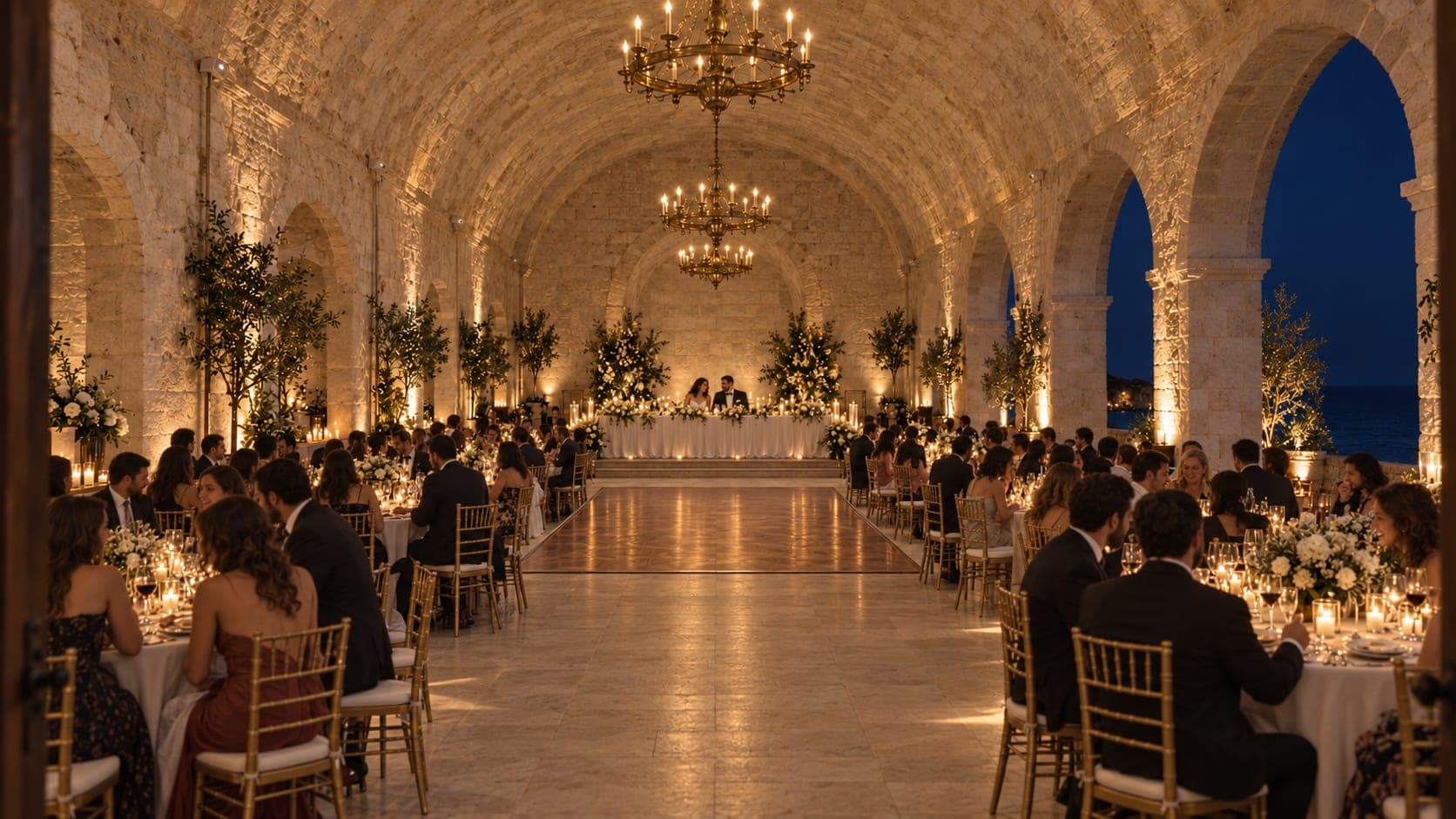 The same hall at eight at night: linen, candles, flowers, every table full