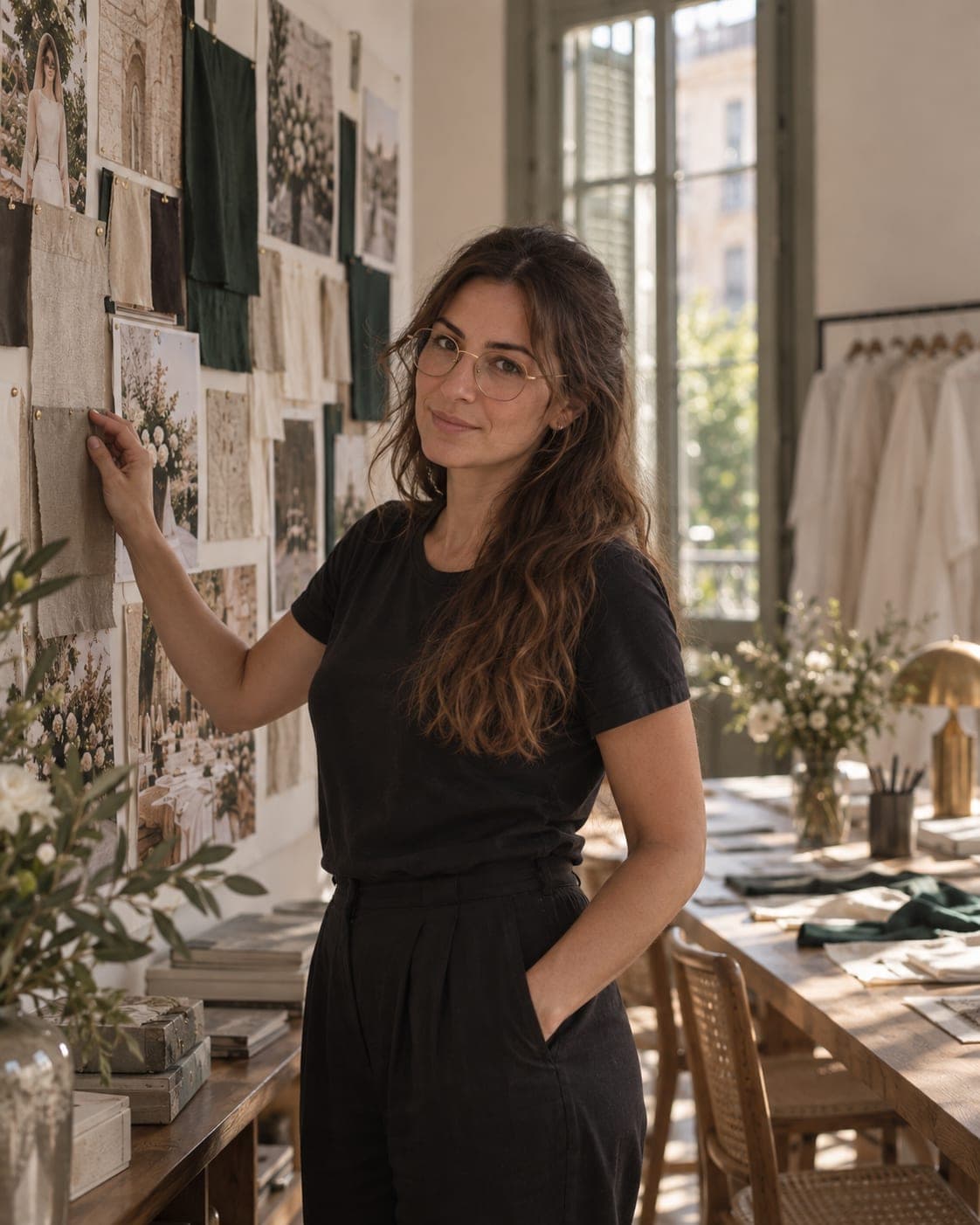 Nadine by the mood-board wall, a hand on a pinned swatch