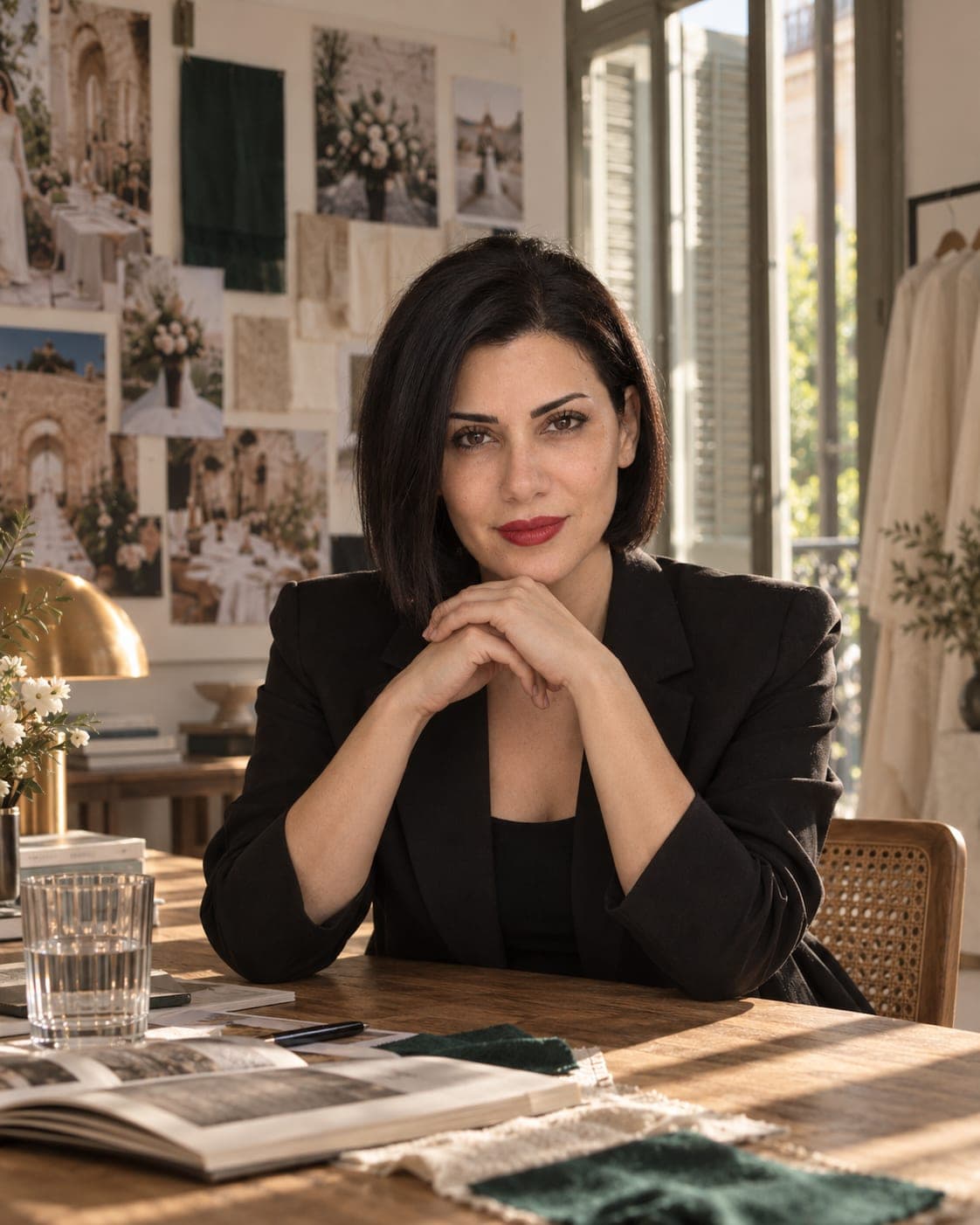 Tania at the end of the studio's oak table, the mood boards behind her