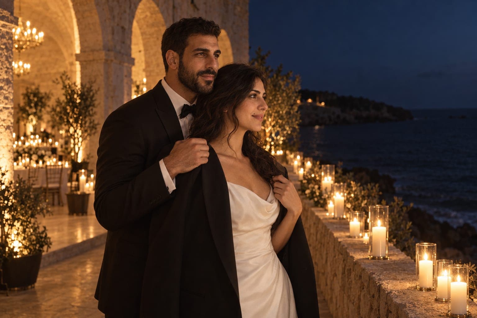 Dana and Jad on the terrace of the stone hall, the sea behind them
