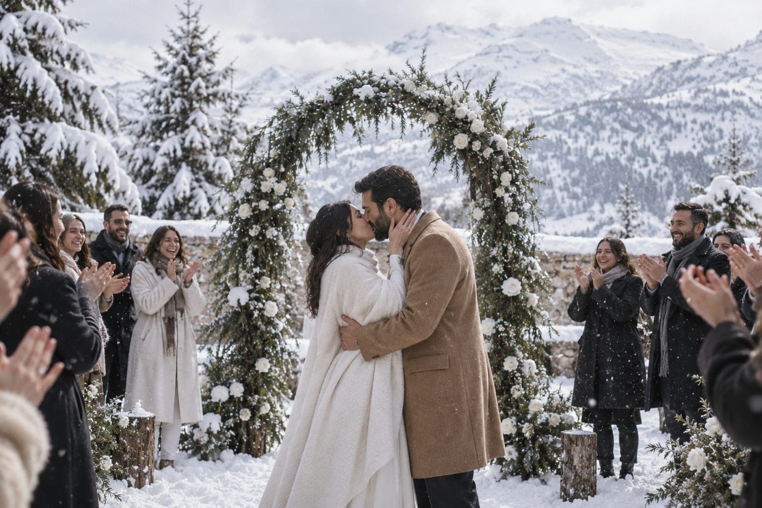 Lina and Omar under a pine arch in deep snow, guests in a half circle