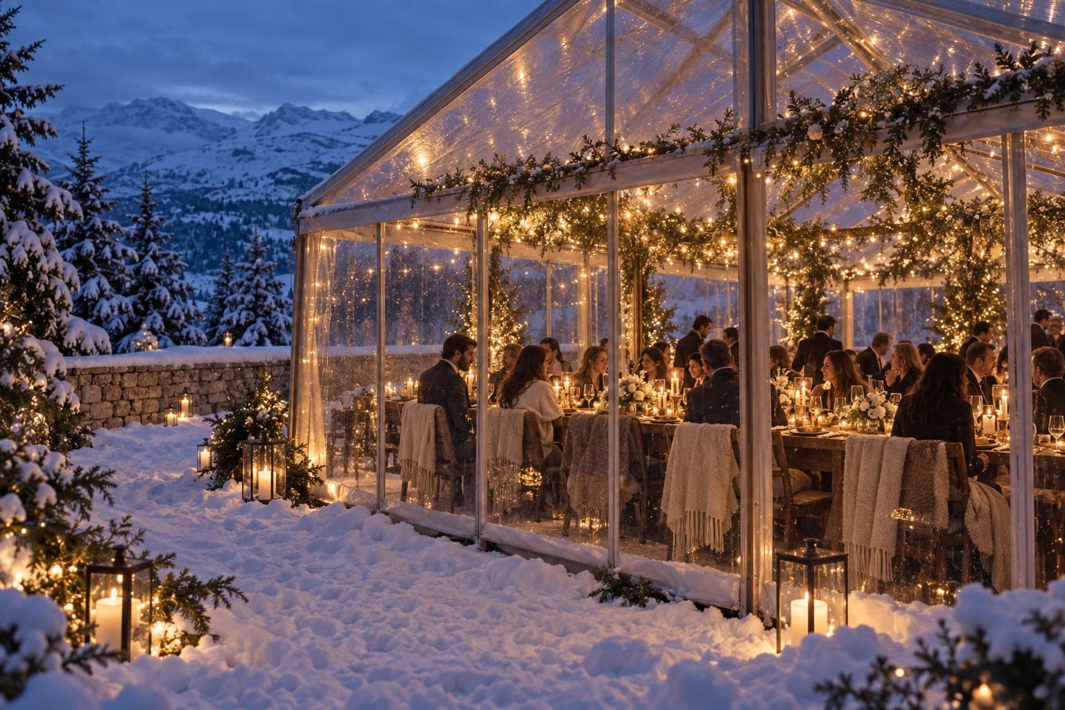 Lina and Omar under a pine arch in deep snow, guests in a half circle