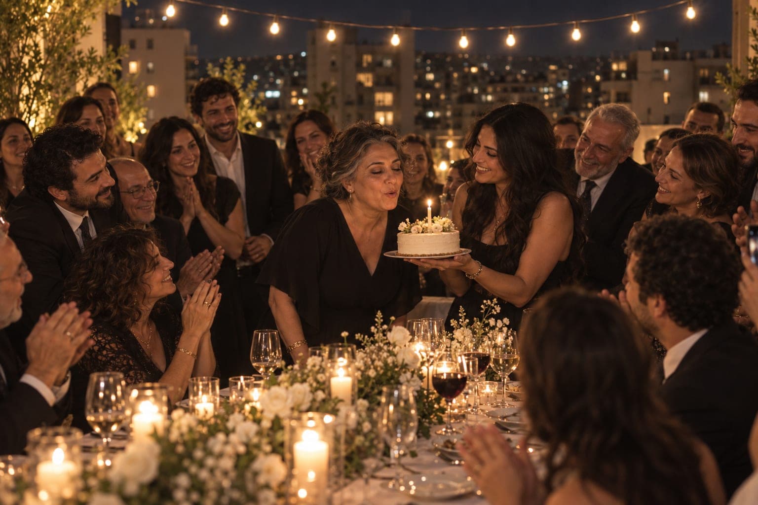 Nadia raising a glass at the middle of one long table under string lights
