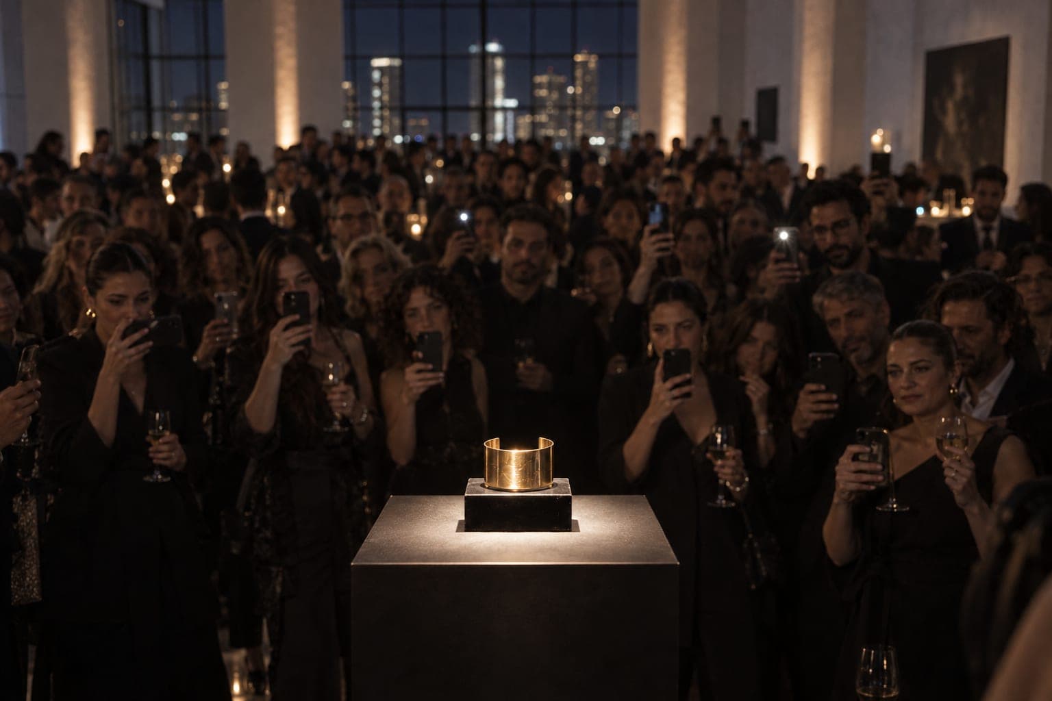 A gold cuff on a lit plinth, a hundred faces beyond it