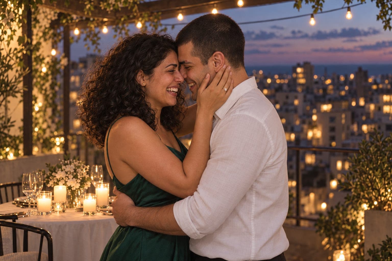 Yara and Fadi holding each other beside a candlelit table, the city below