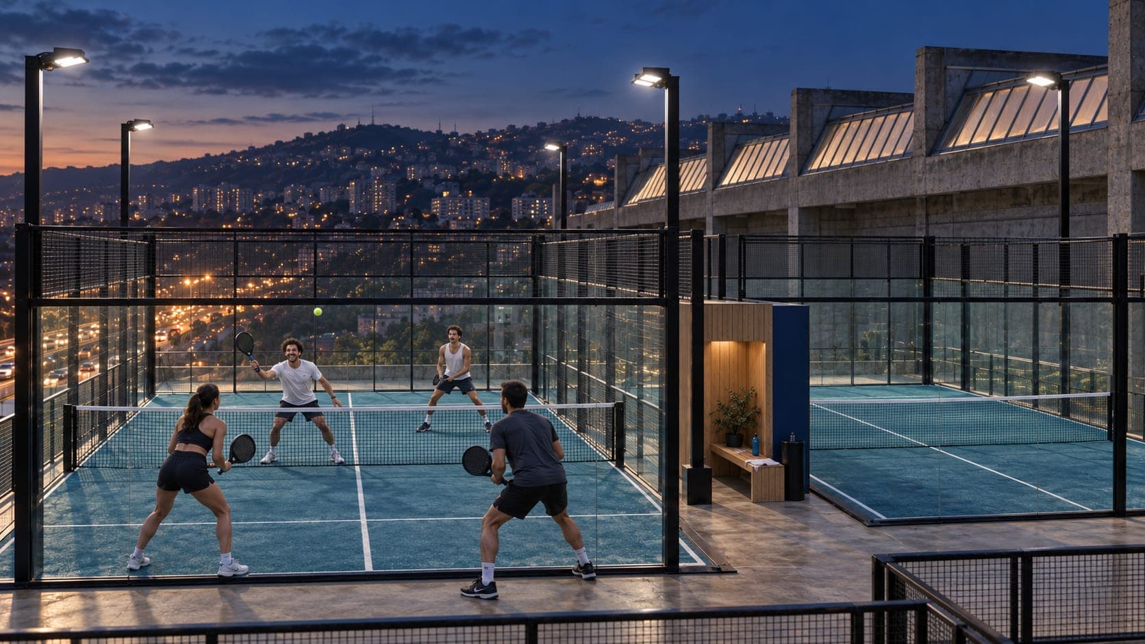 The two padel courts on the roof at dusk, the masts on, the hills behind