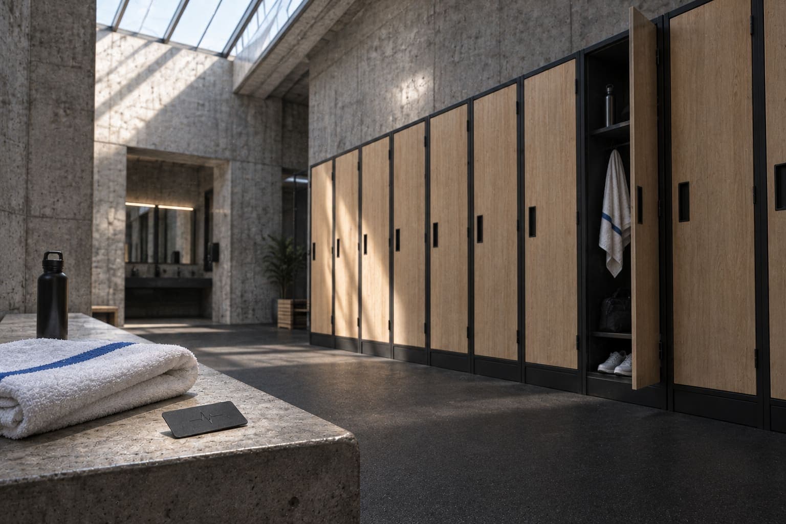 The changing room — oak lockers, and a towel folded on the bench.