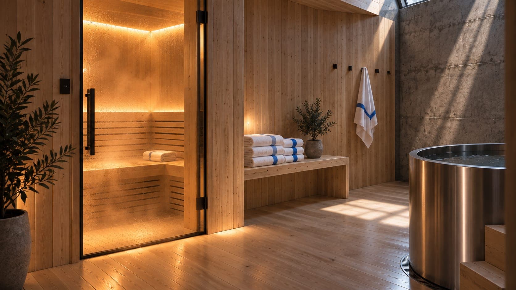 The sauna's timber in warm light