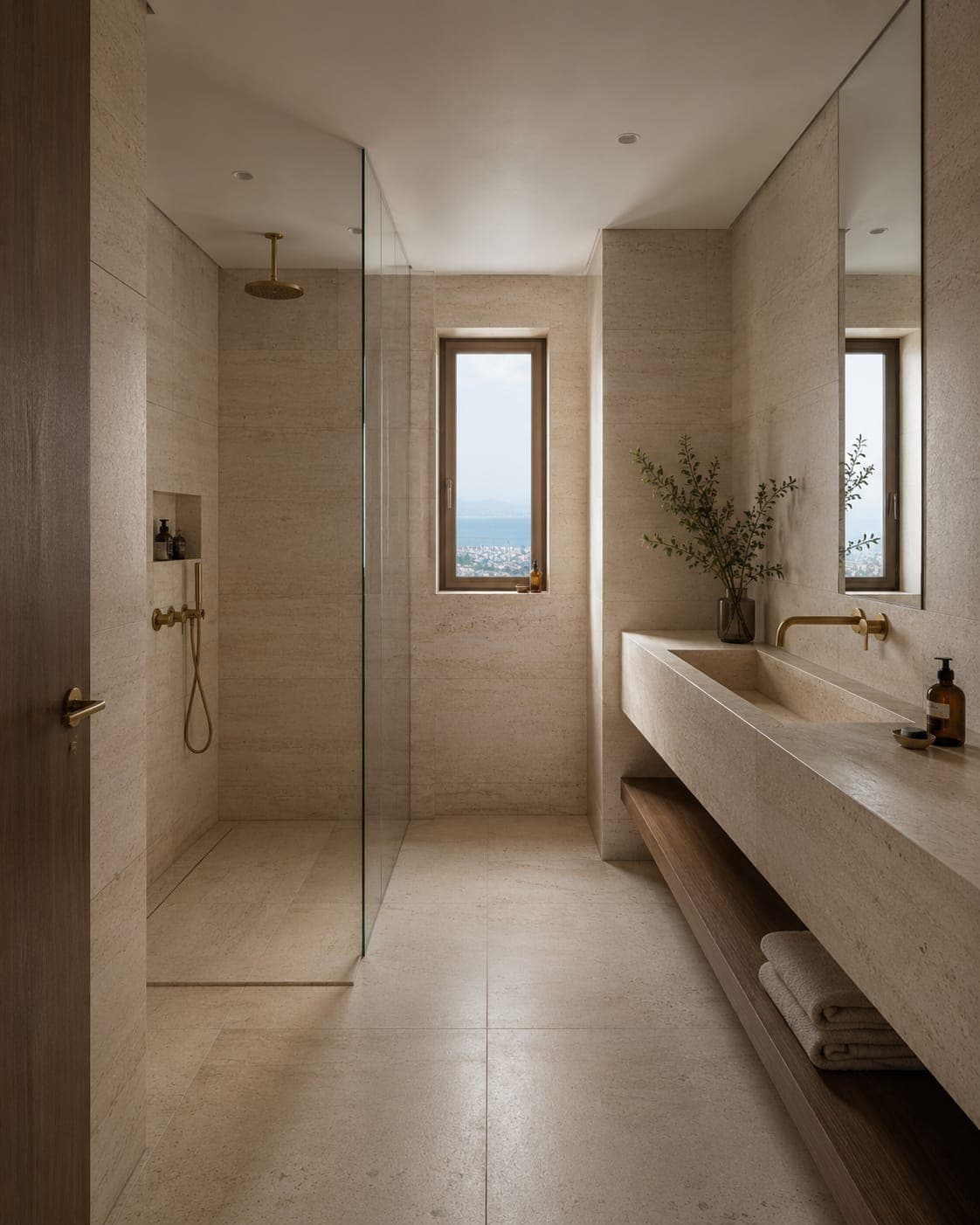 A travertine bathroom with a walk-in shower and a brass rail