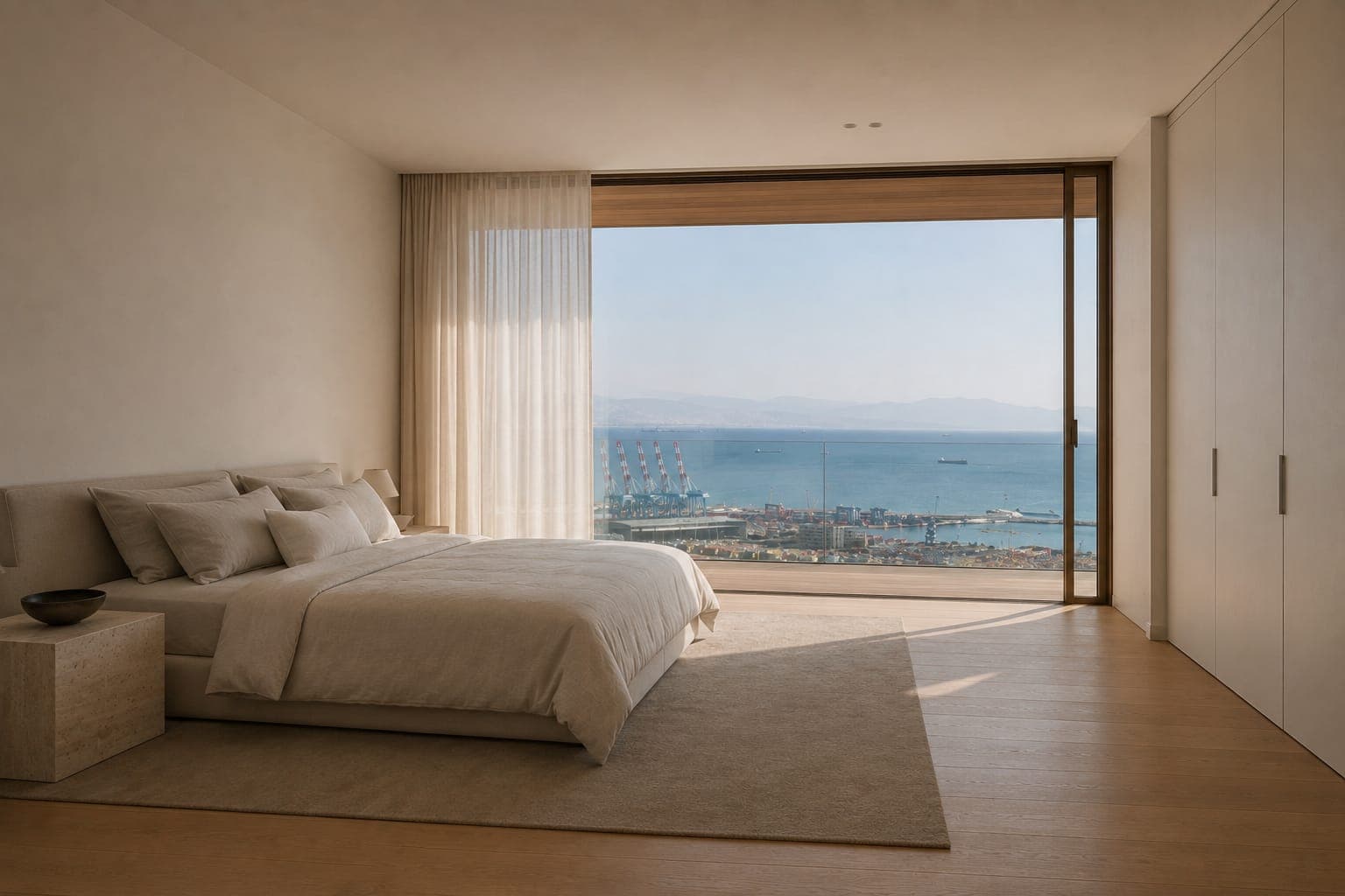A bedroom with a linen bed and a travertine side wall