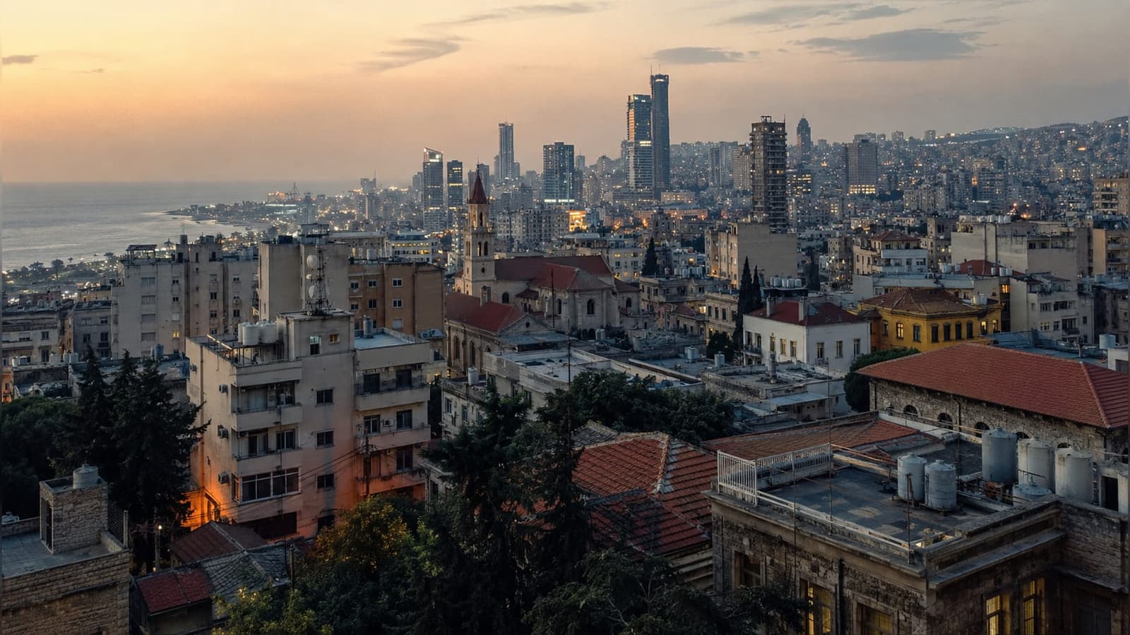 Achrafieh rooftops at dusk, with the sea beyond