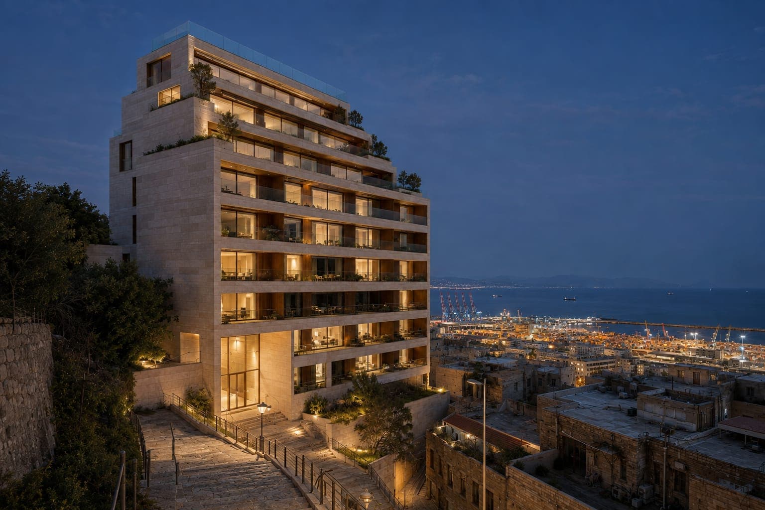 The building at night with the port lights below