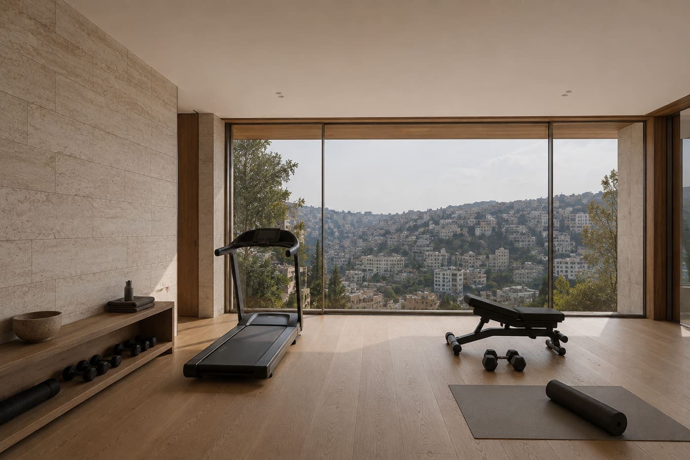 A small residents gym with an oak floor and a window