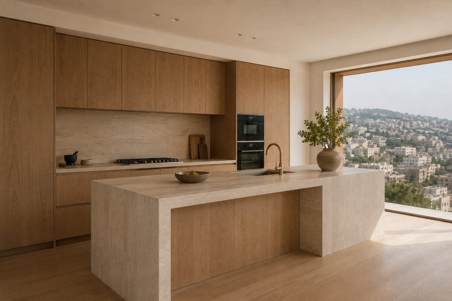 A kitchen with oak cabinets and a travertine island, window onto the hill